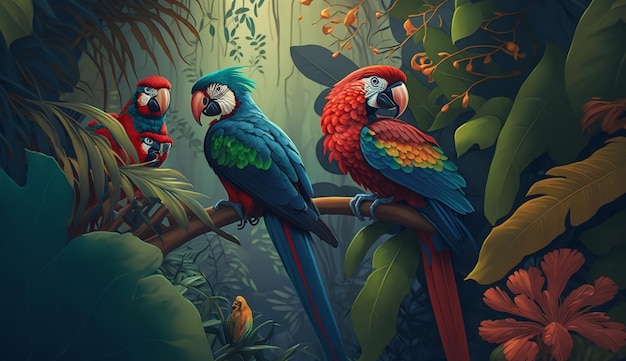 Illustration of a jungle in the tropics with parrots Generative AI