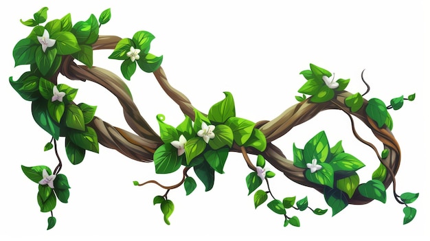 Illustration of jungle vine with twisted leaves and flowers Cartoon illustration of jungle creeper ivy trunk with vegetation