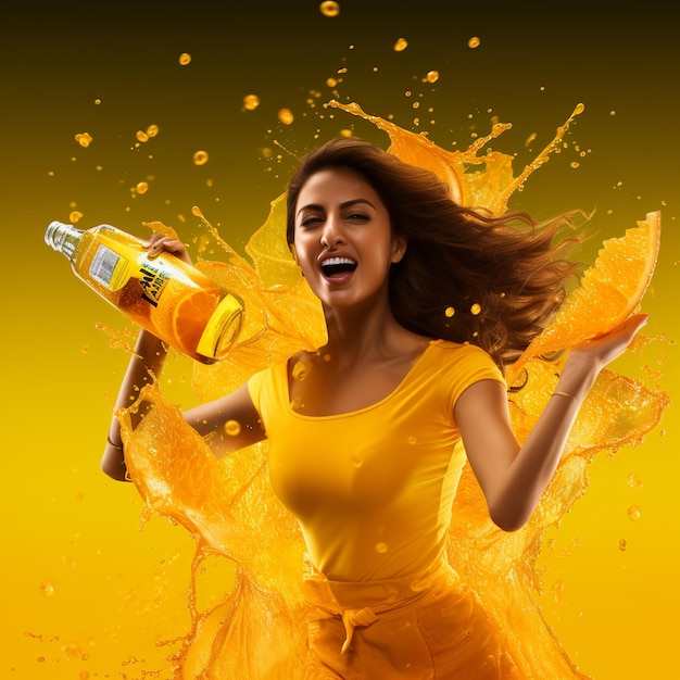 Illustration of katrina kaif slice drink advert in the style of ligh