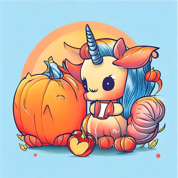 Photo illustration kawaii baby unicorn and deers playing with a small pumpkin ball halloween