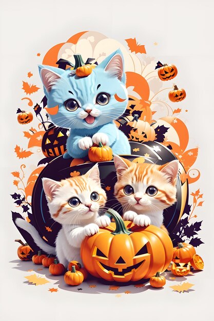 illustration Kawaii Kittens playing with a small pumpkin Halloween sticker generated by ai