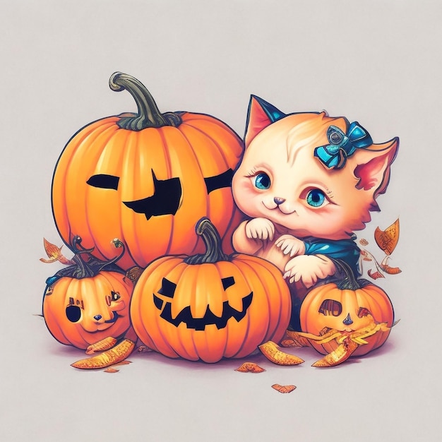 illustration Kawaii Kittens playing with a small pumpkin