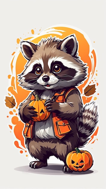 illustration Kawaii raccoon playing with a small pumpkin Halloween side view sticker clean whi