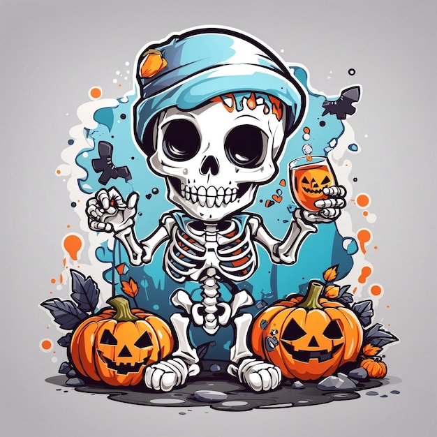 Illustration kawaii skeleton celebrating halloween 4