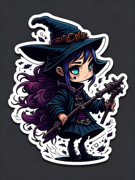 Illustration kawaii witch riding a broom generative ai
