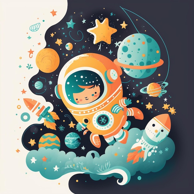 illustration of a kid in an astronaut suit flying through the sky generative ai