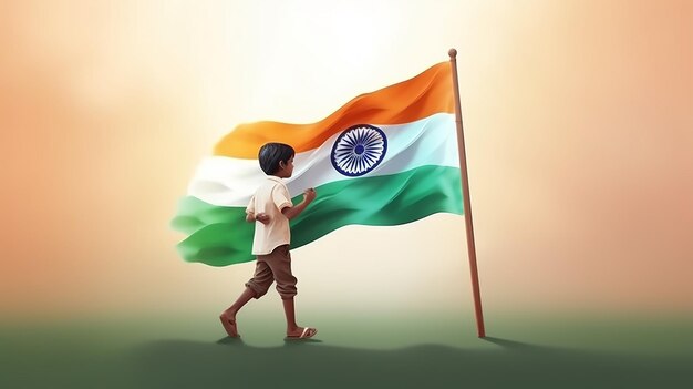 インドの独立記念日と共和国記念日のインド国旗を掲げた子供のイラスト