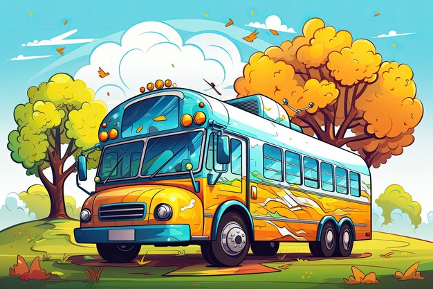 Foto illustrazione del colorato viaggio in autobus dei bambini