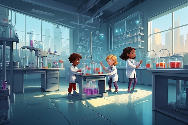 Illustration of Kids Playing in a Laboratory Illustration by lenmdp