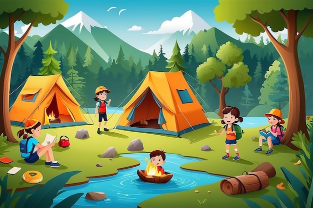 Illustration of kids summer camp education with children doing activities enjoy on camping daytime creative idea paper art style vector