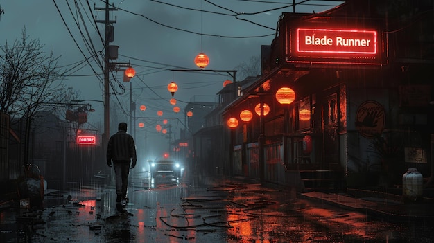 Photo an illustration of killer joe also known as blade runner just finished a dirty task and is fleeing from this dark depressing city realistic cartoon style scifi scenewallpaperbackground