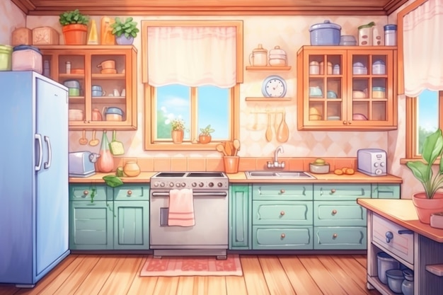 An illustration of a kitchen with blue cabinets ai