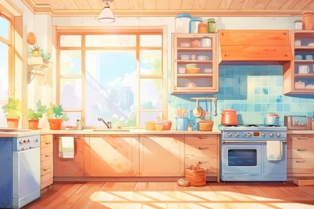 An illustration of a kitchen with blue cabinets and a stove ai