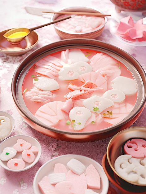 illustration Korean New Year Rice Cake Soup in pink