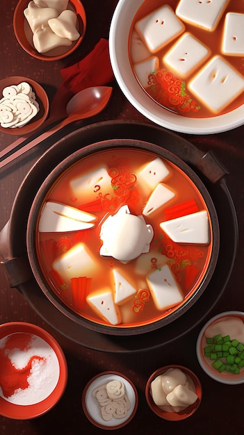 illustration Korean New Year Rice Cake Soup in red