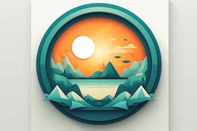 Photo an illustration of a lake and mountains in a circular frame