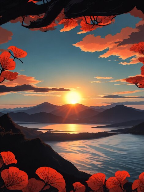 An illustration of lake with a sunset Digital Painting