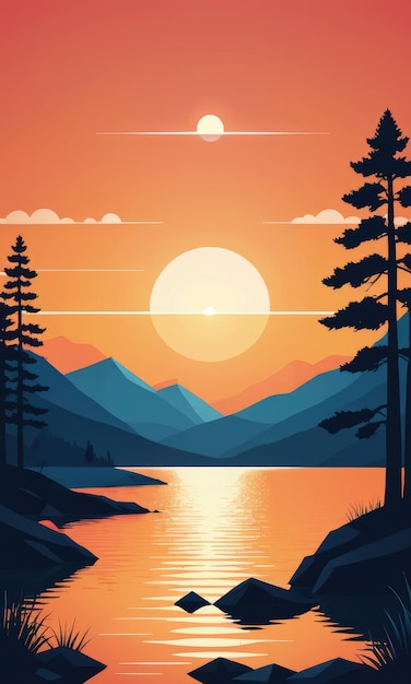 Illustration of a lakeside landscape during sunset