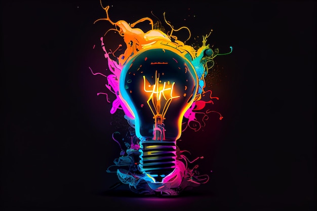 Иллюстрация лампы накаливания с цветными взрывающимися линиями, имитирующими светодиодный фон