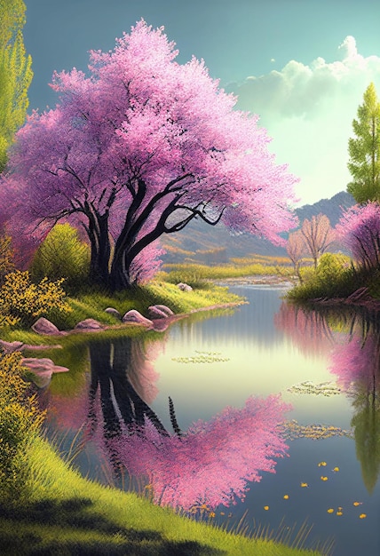 Illustration landscape of countryside river and blossom treeCreated with Generative AI technology