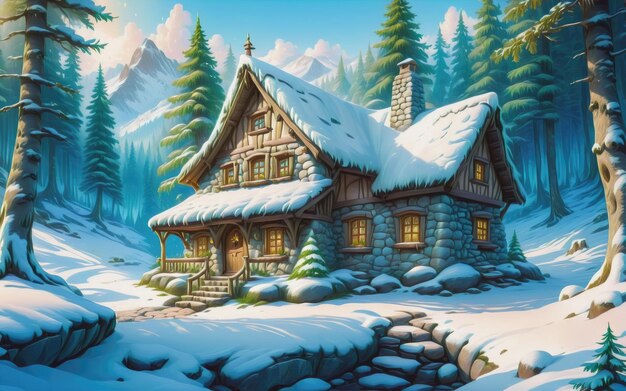 illustration landscape Fantasy house in winter forest old stone shack