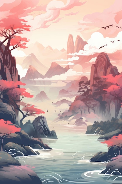 Illustration of landscape of Guilin Li River and Karst mountains China Generative ai