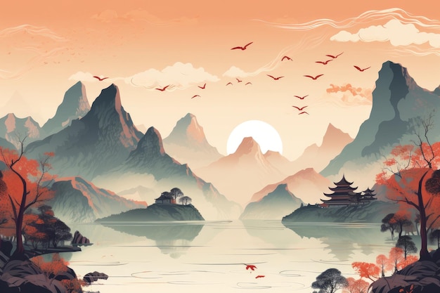 Illustration of landscape of Guilin Li River and Karst mountains China Generative ai