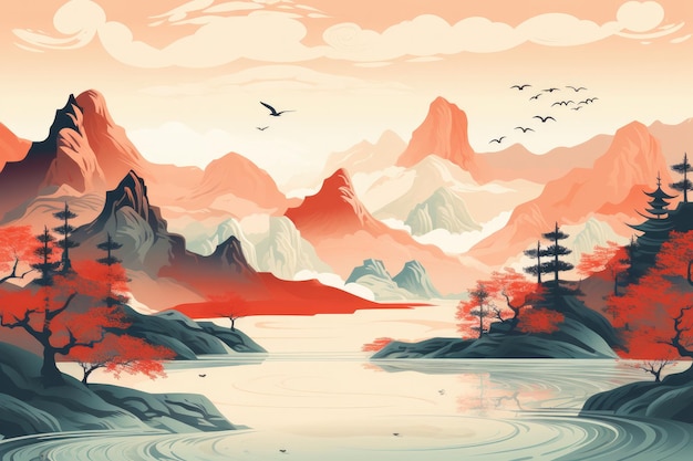 Иллюстрация ландшафта реки Гуйлинь Ли и карстовых гор Китая Генеративный ИИ