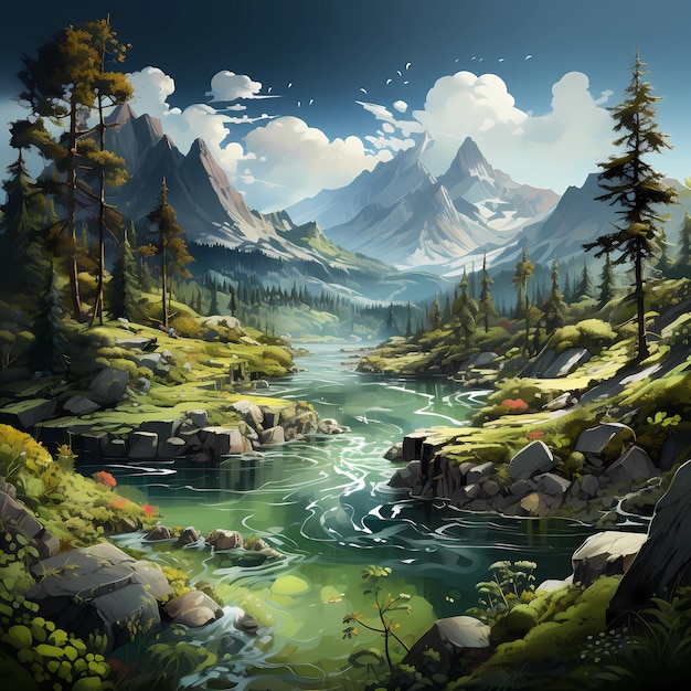 Иллюстрация пейзаж горное болото