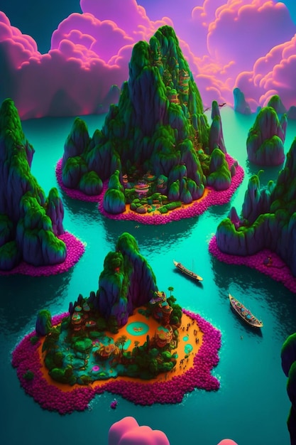 Illustration of a landscape mountain with boat in the water generative ai