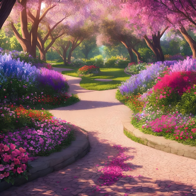 Illustration landscape view of outdoor garden path walkway with flower field generative art by AI