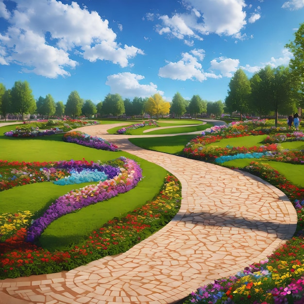 Illustration landscape view of outdoor garden path walkway with flower field generative art by AI