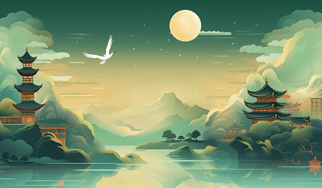 Photo illustration of a landscape with a pagoda and a bird flying over the water generative ai