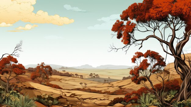 Photo an illustration of a landscape with red trees ai