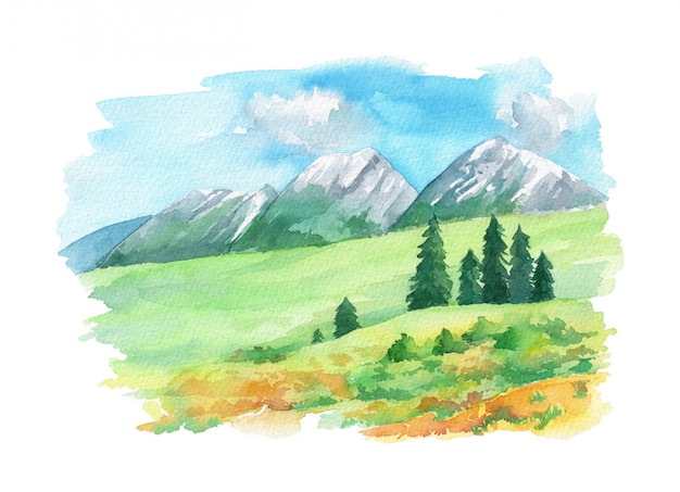 Illustration landscape with Swiss Alps and flowers on the green grass.