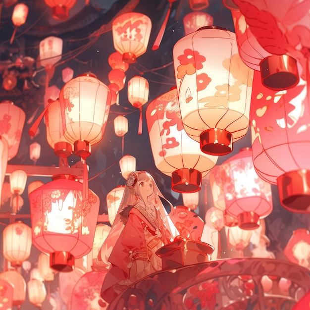 illustration Lantern Festival in pink