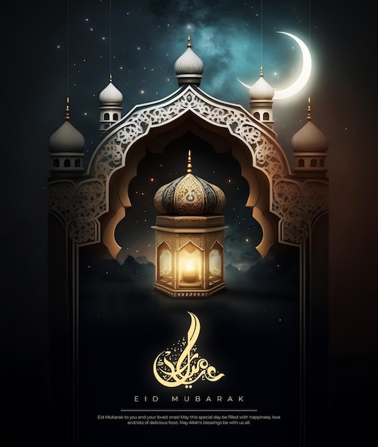 An illustration of a lantern with the words eid mubarak on it.