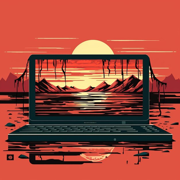 an illustration of a laptop sitting in water with mountains in the background