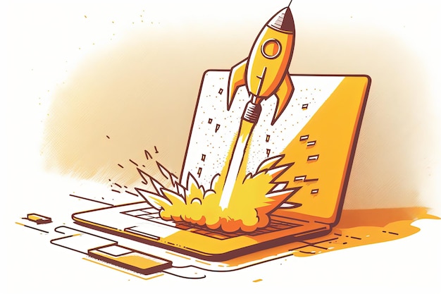 Illustration of laptop with rocket yellow color sketch style white background Generative AI