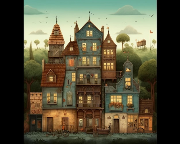 Иллюстрация большого синего дома с большим количеством окон, генеративный ИИ
