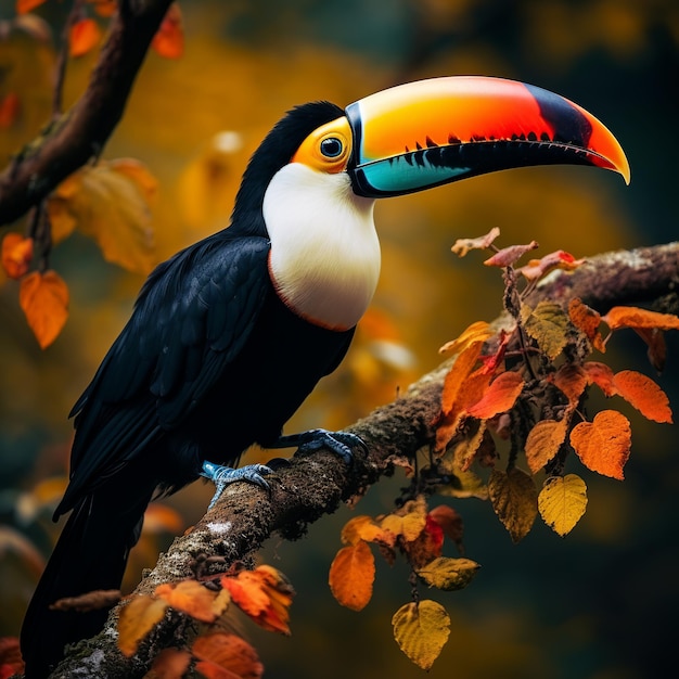 illustration of a large toucan on a branch next to yellow leaves