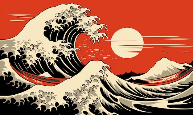 Photo illustration of a large wave with a red sky and a sun in the background generative ai