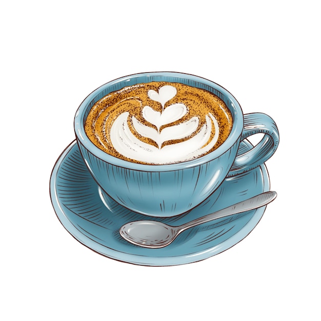 Photo illustration of latte coffee in a blue cup