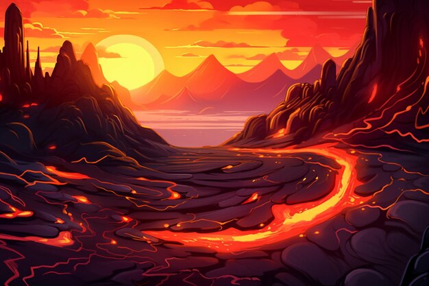 Illustration of a lava stream flowing through a mountain landscape generative ai