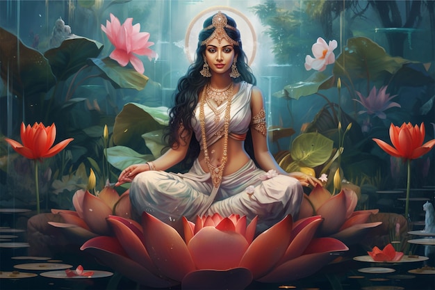 illustration of laxmi goddess sitting on lotus with flowers