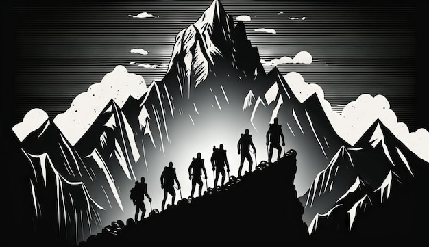 イラストリーダーは部下を山の頂上に導き、ゴールに到達する