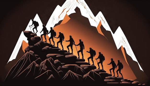 Лидер иллюстрации ведет своих людей на вершину горы и достигает цели