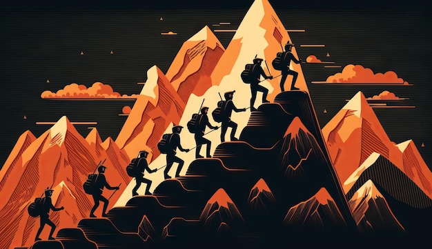 イラストリーダーは部下を山の頂上に導き、ゴールに到達する
