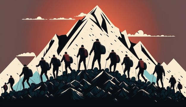 Illustration Leader leads his men to the top of the mountain and reach the goal