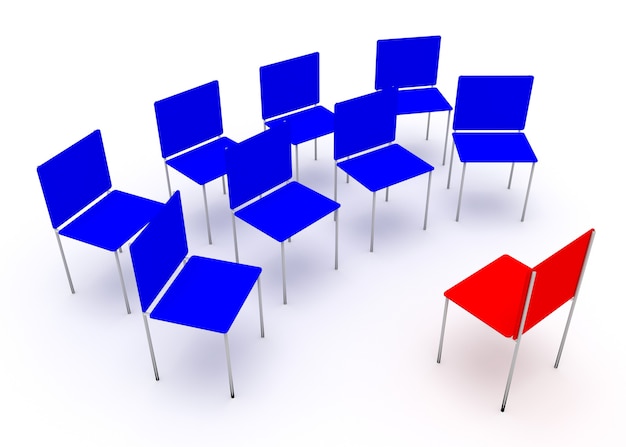 Illustration of leadership in the company. One red and four blue chair.